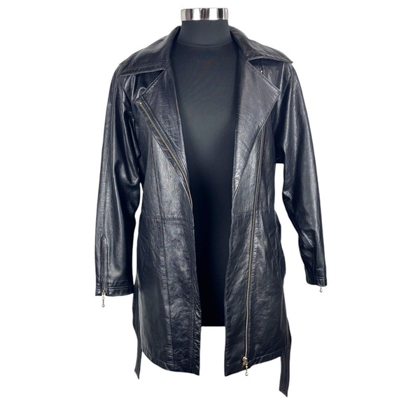 VINTAGE PROMODA GENUINE LEATHER BLACK CLASSIC ASYMMETRIC ZIP FRONT BELTED JACKET - Picture 5 of 16